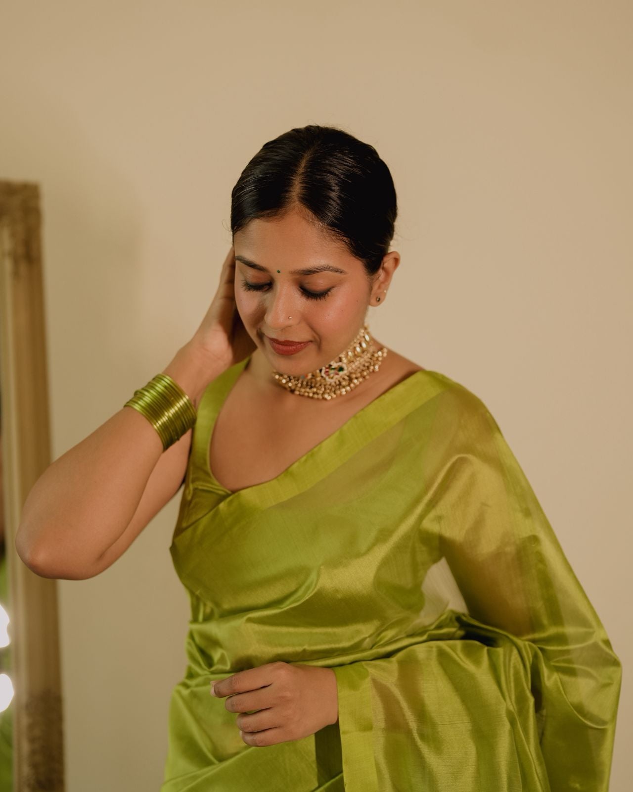 Olive green Chanderi silk saree with silk border