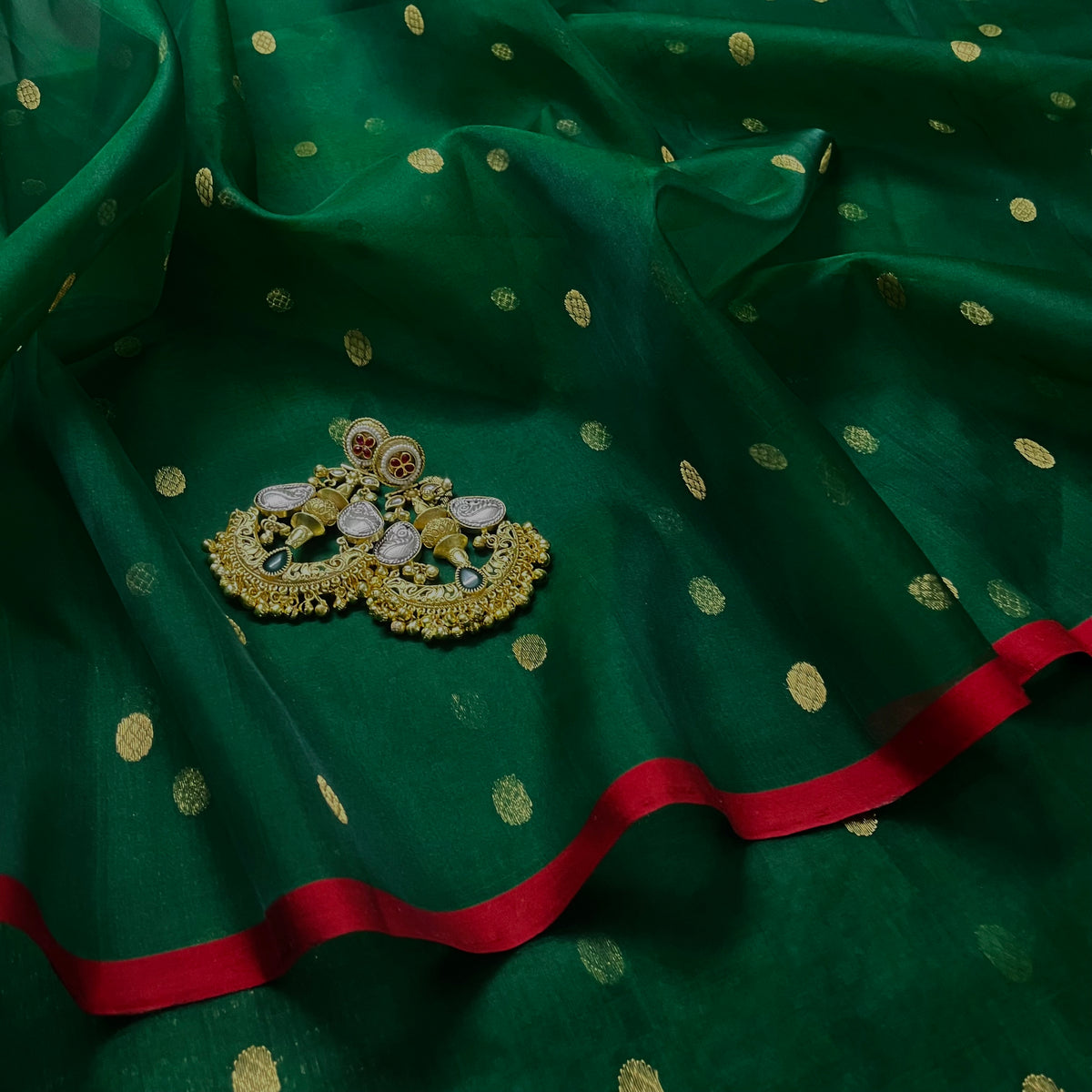 Green & red Chanderi silk saree with zari bootis all over