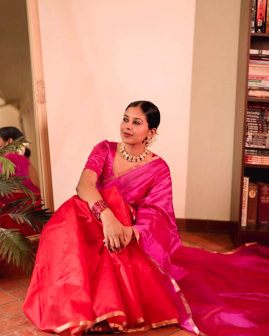 Chili Red and pink Chanderi silk saree with tassels on pallu