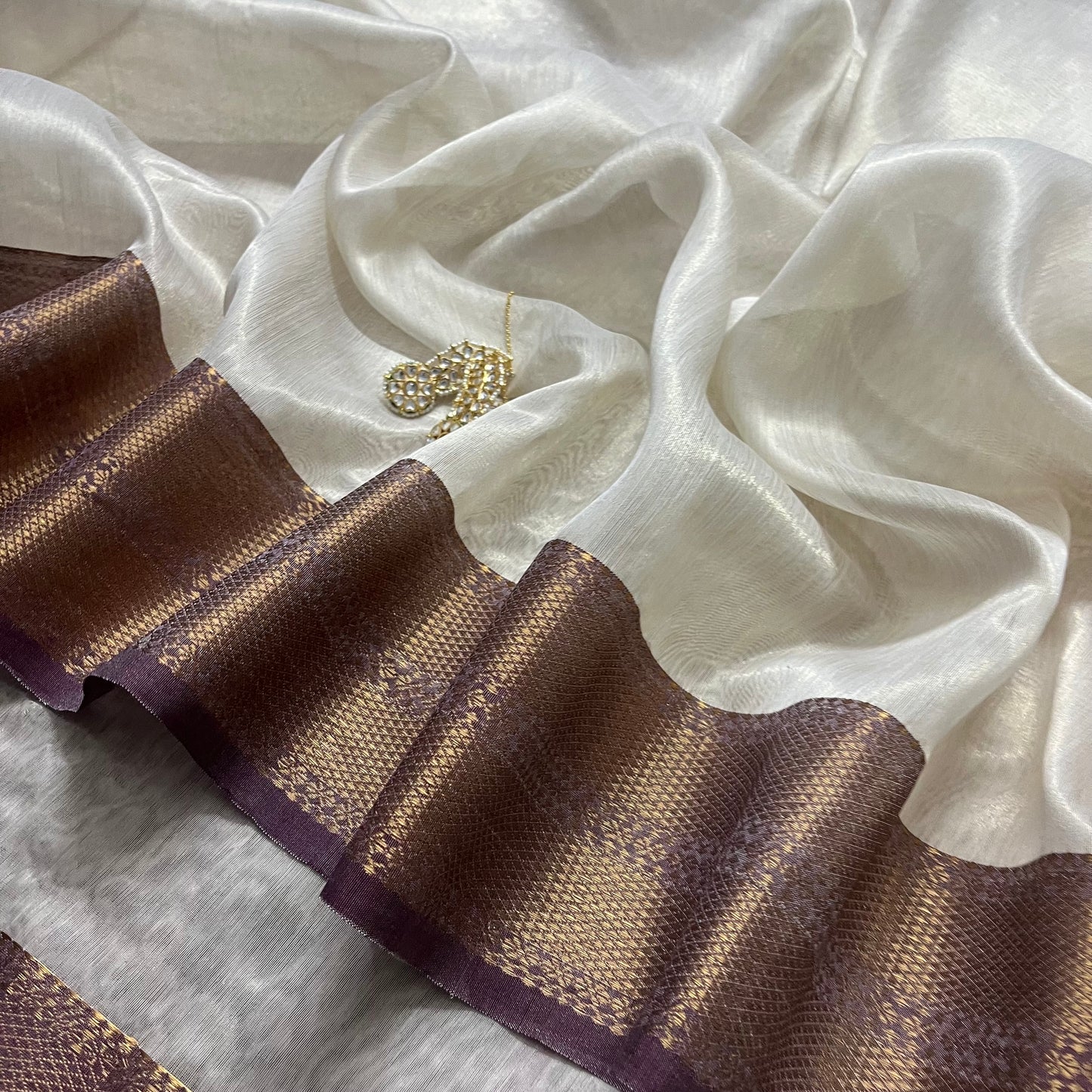 Cream & Violet Maheshwari tissue silk saree with antique gold zari border