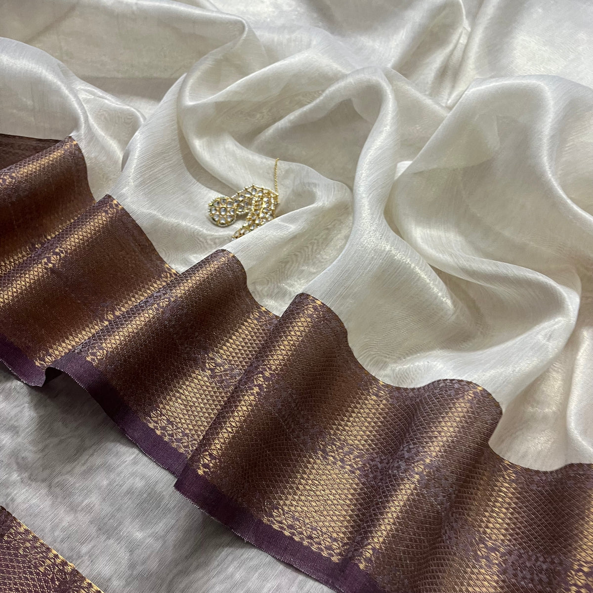 Ready to wear | Cream & Violet Maheshwari tissue silk saree with antique gold zari border