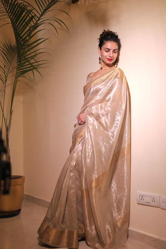 Champagne maheshwari tissue silk saree