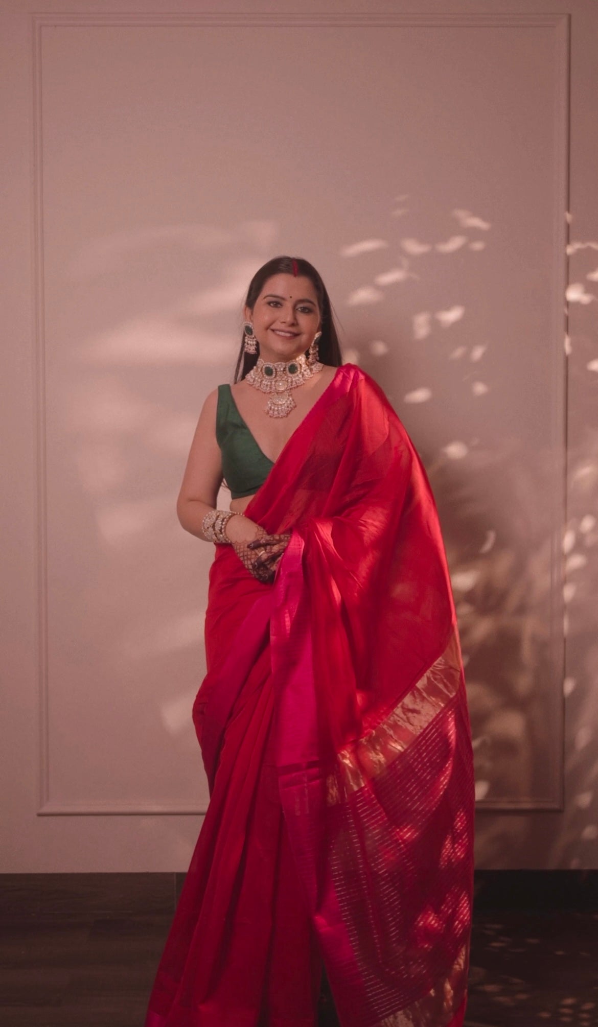 Red and pink maheshwari saree with resham border