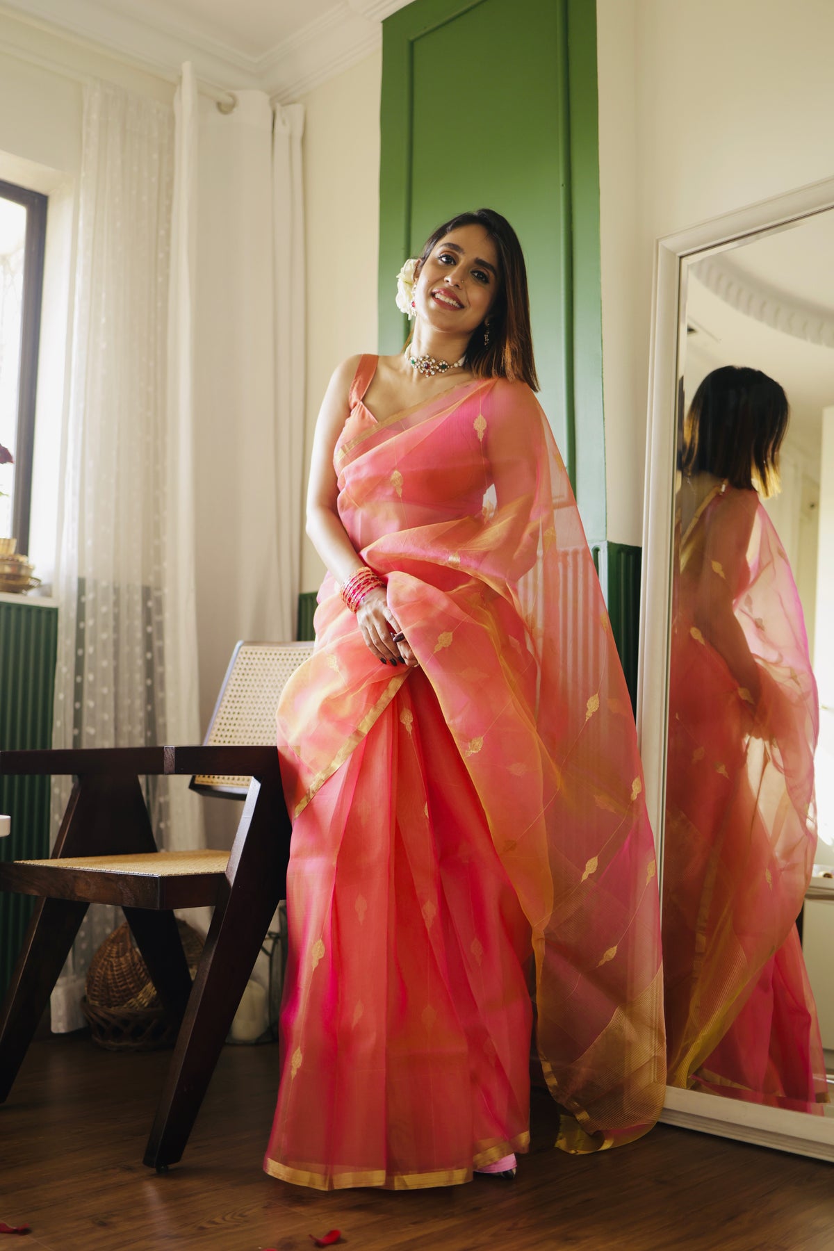 Coral pink dual tone Chanderi organza silk saree with jhumka motifs all over