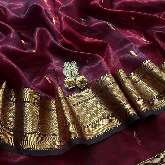Mahogany Maheshwari tissue silk saree with zari bootis all over
