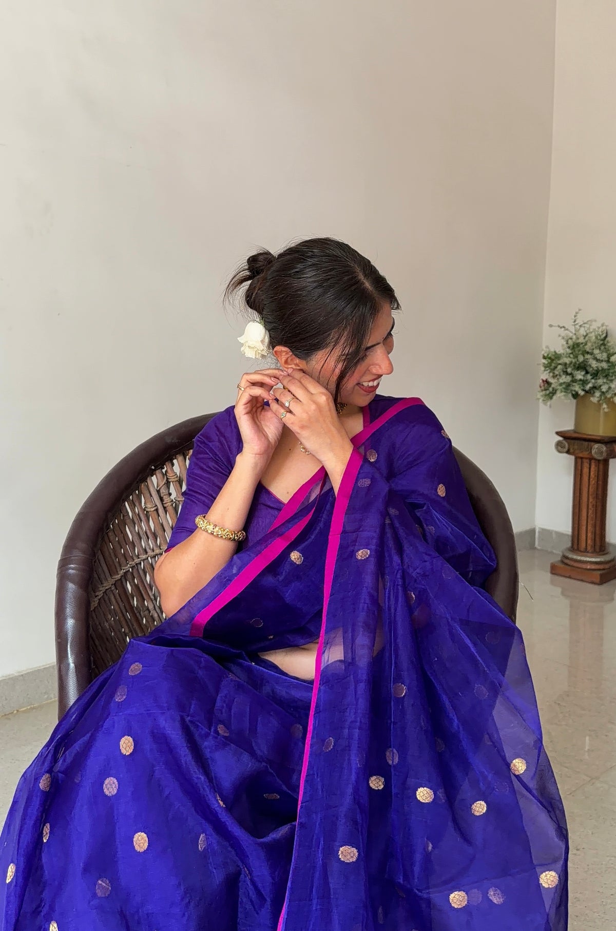 Ready to wear | Dark Purple & Pink Chanderi Organza Silk Saree with Zari Bootis all over