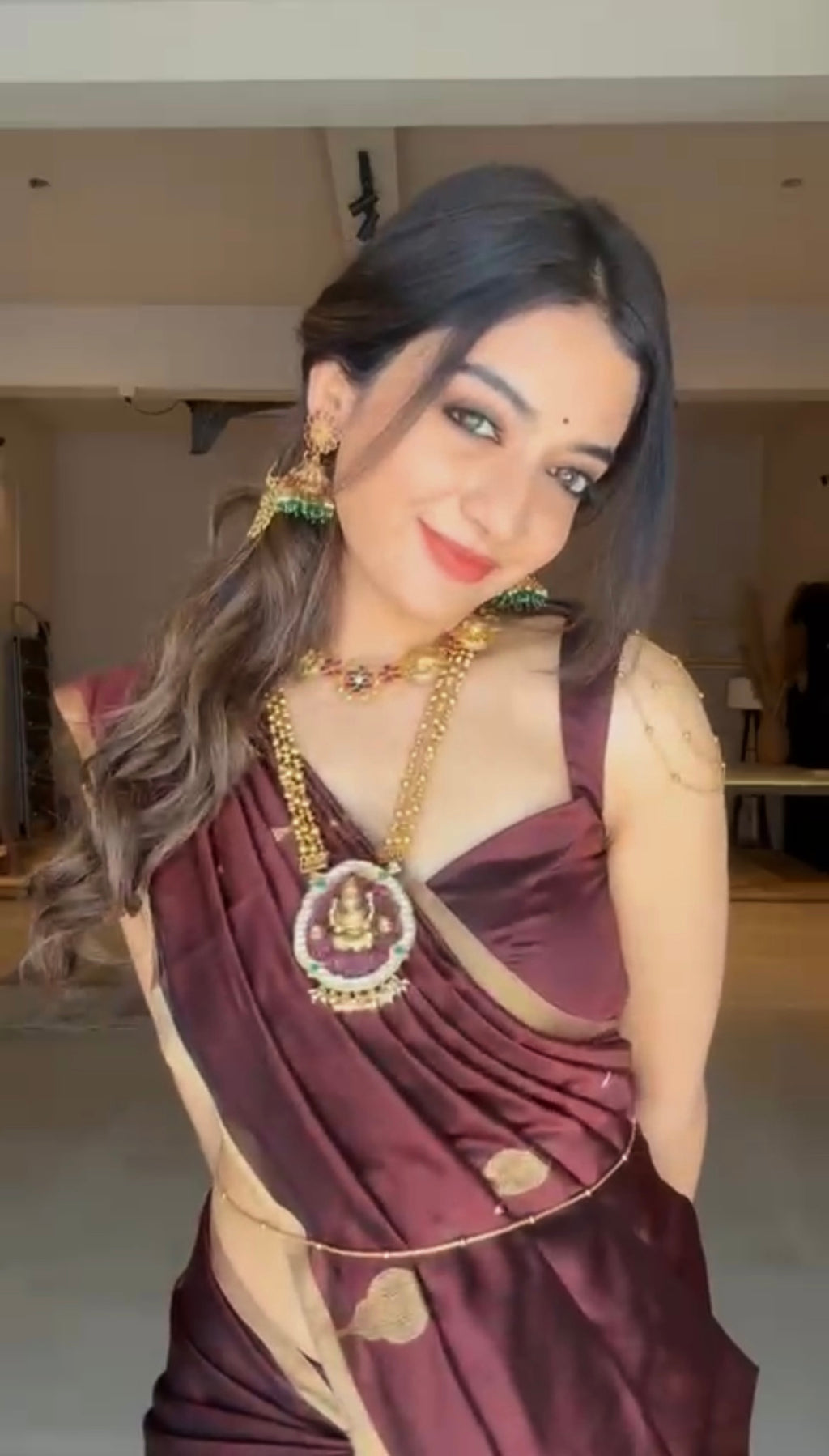 Mahogany chanderi silk saree with jhoomar motifs all over