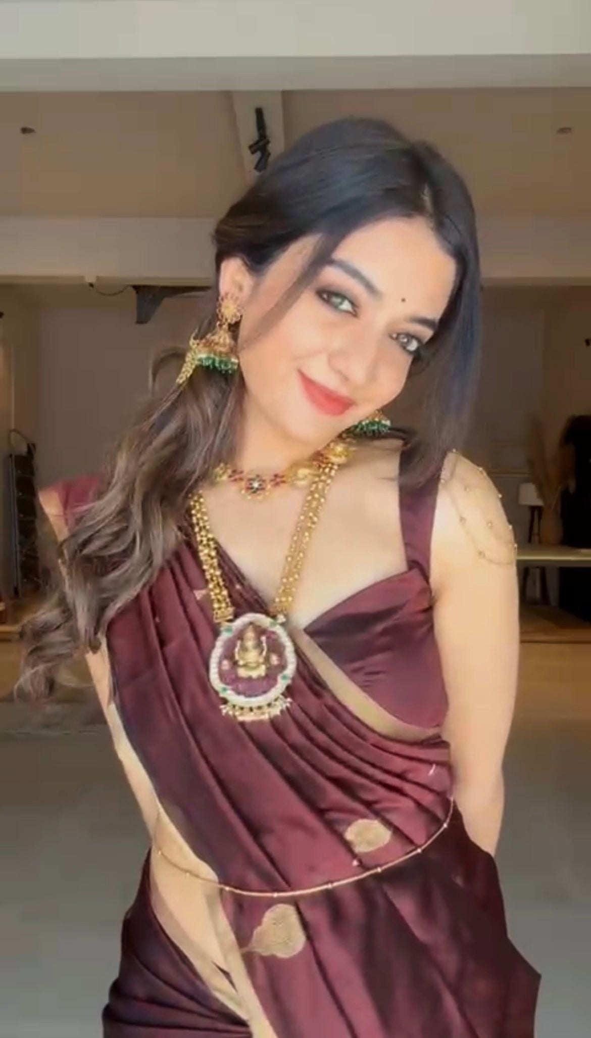 Mahogany chanderi silk saree with jhoomar motifs all over