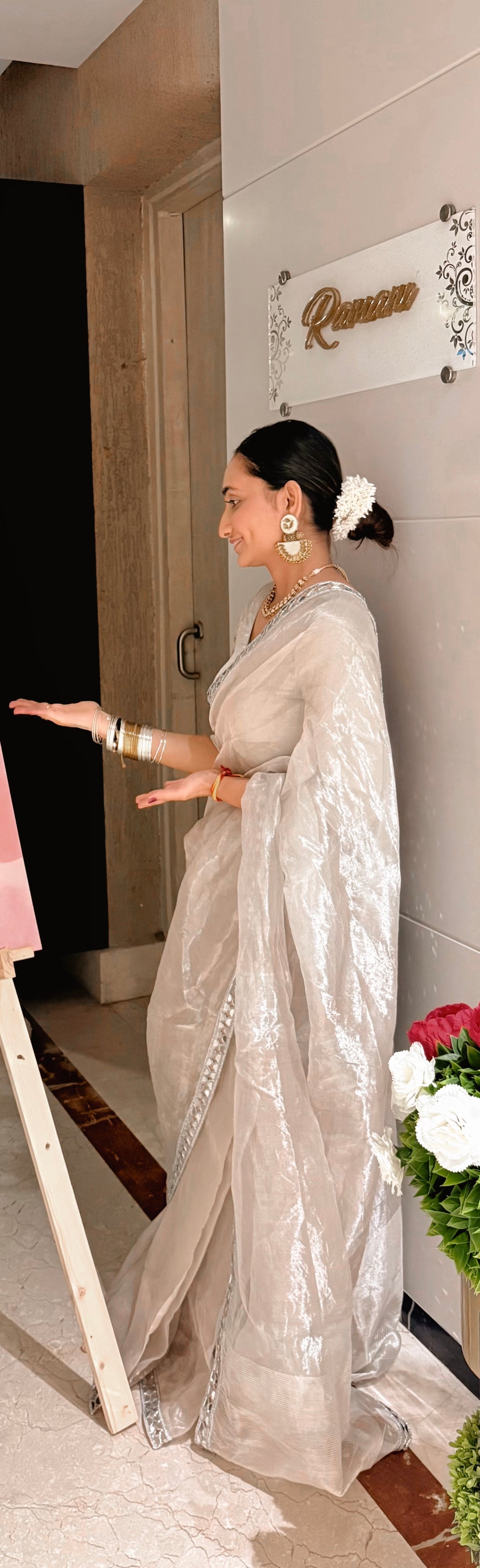 Molten silver and gold chanderi tissue silk saree with mirror work border