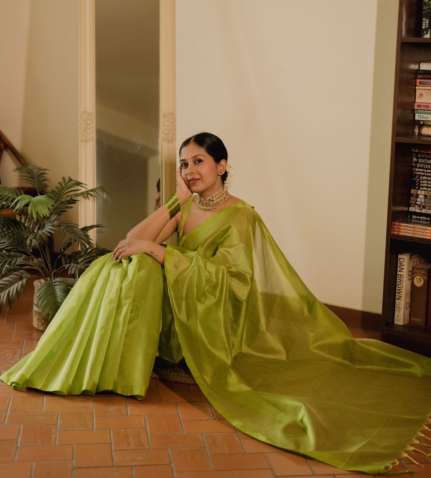 Olive green Chanderi silk saree with silk border