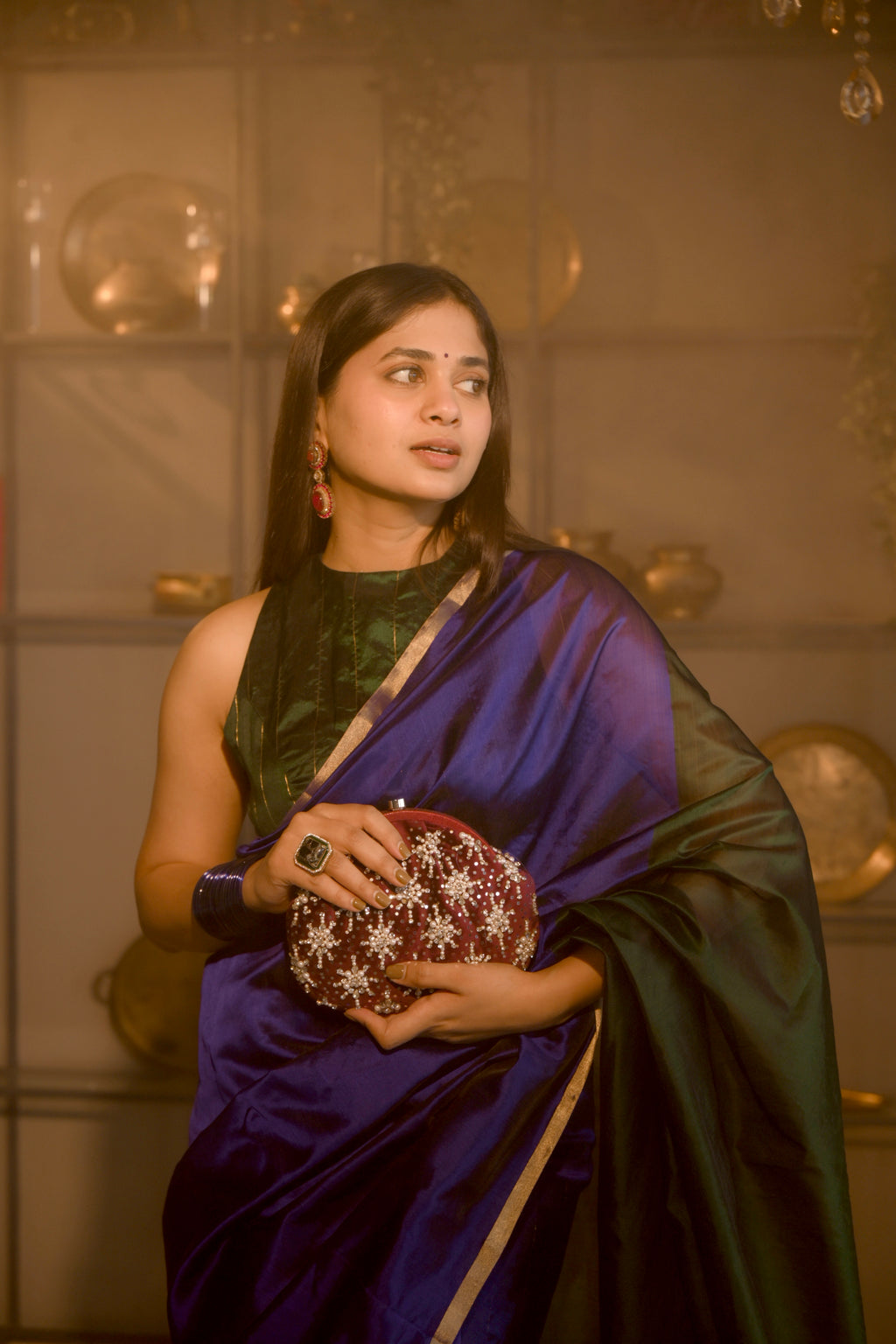 Indigo and green Chanderi silk saree with zari border