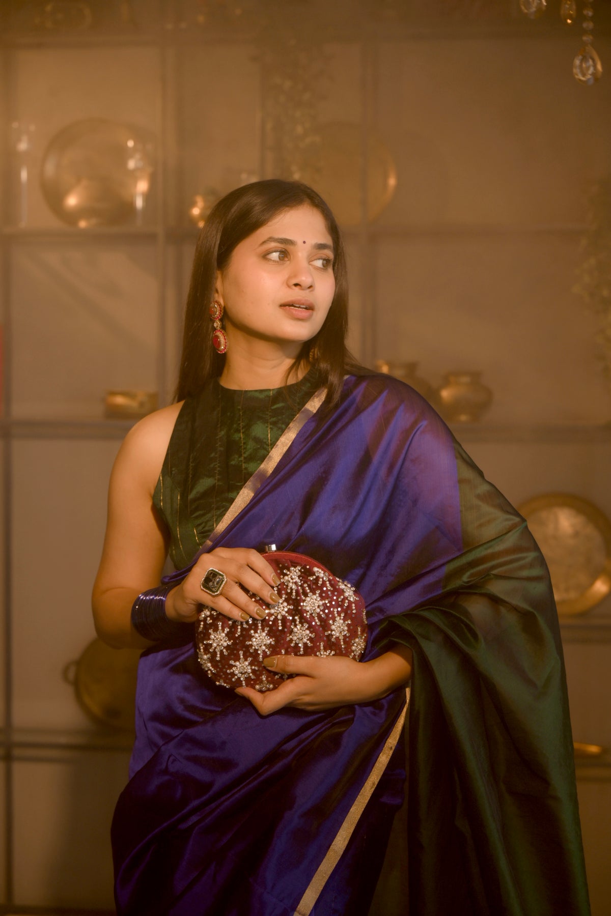 Indigo and green Chanderi silk saree with zari border