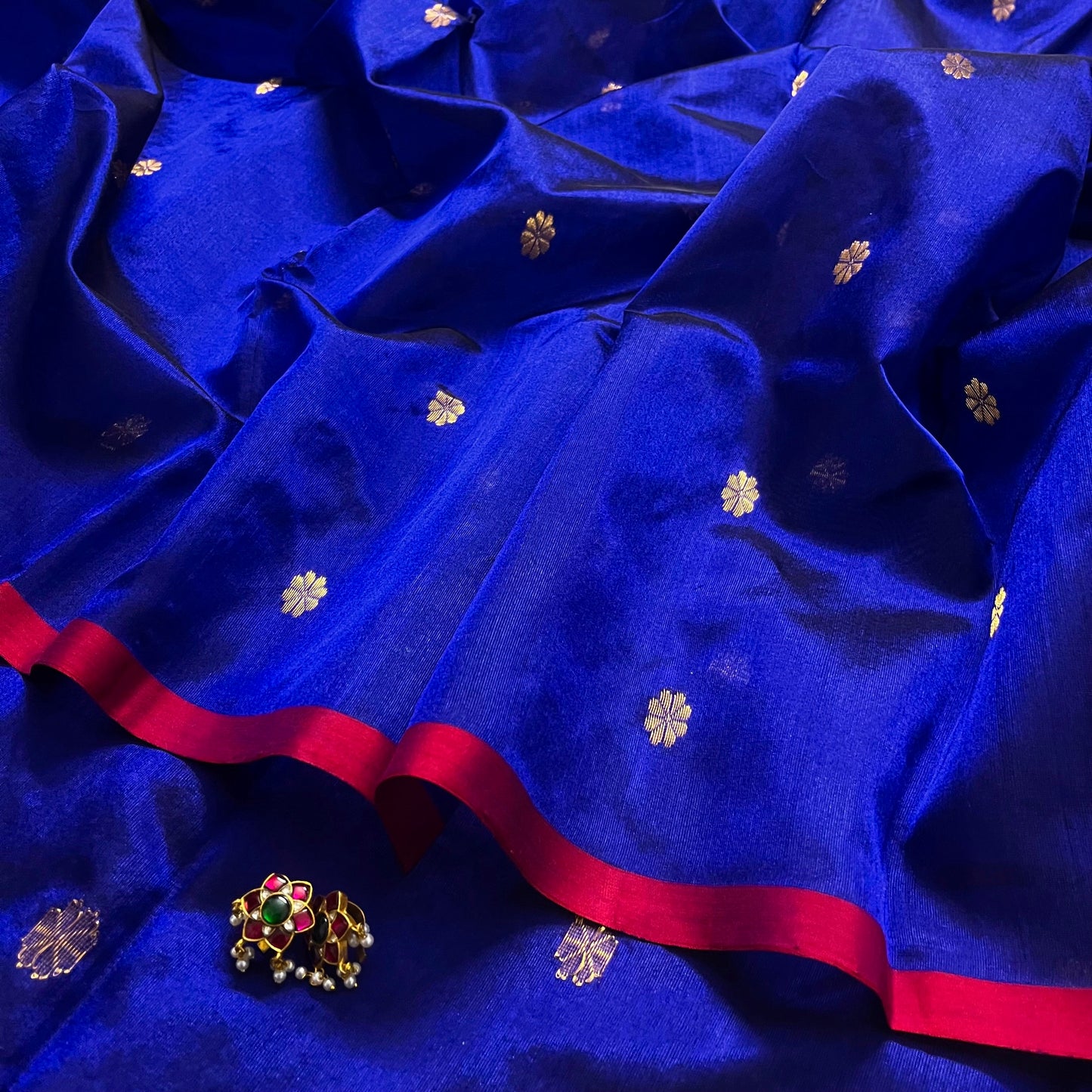 Dark blue Chanderi silk saree with flower bootis all over
