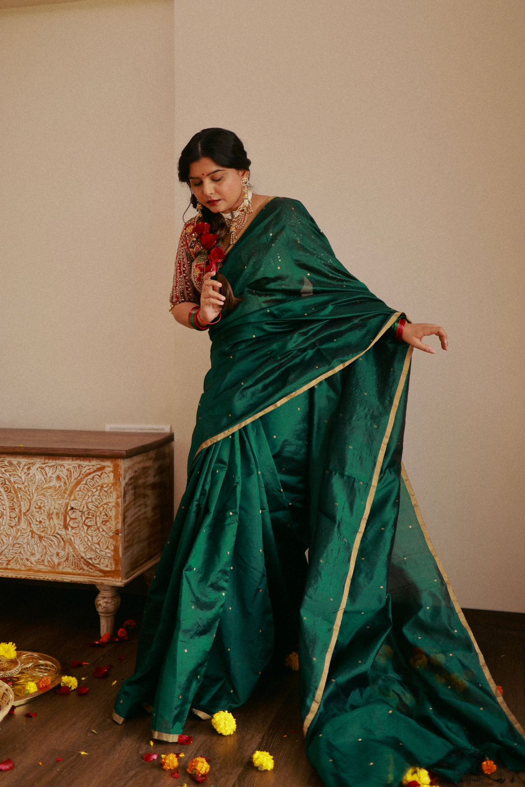 Dark Green Chanderi Silk Saree with Zari Bootis all over