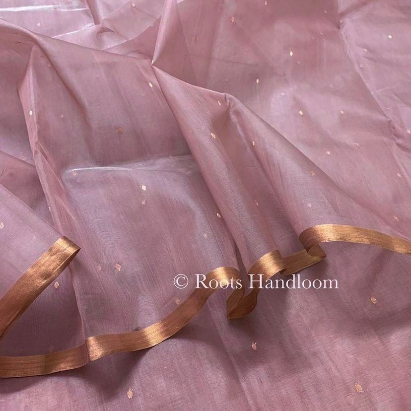 Dusty pink chanderi silk saree with zari bootis all over