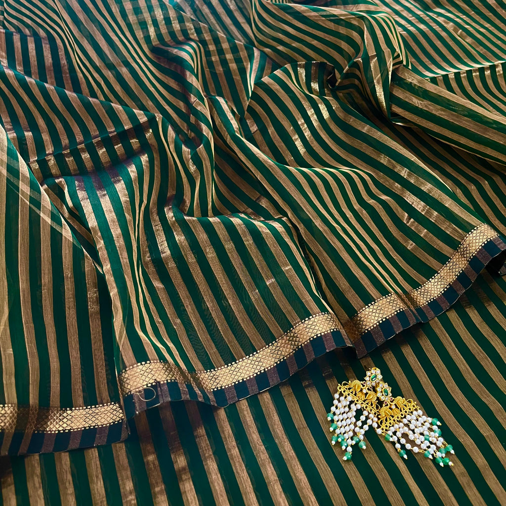 Dark green Maheshwari saree with zari stripes all over