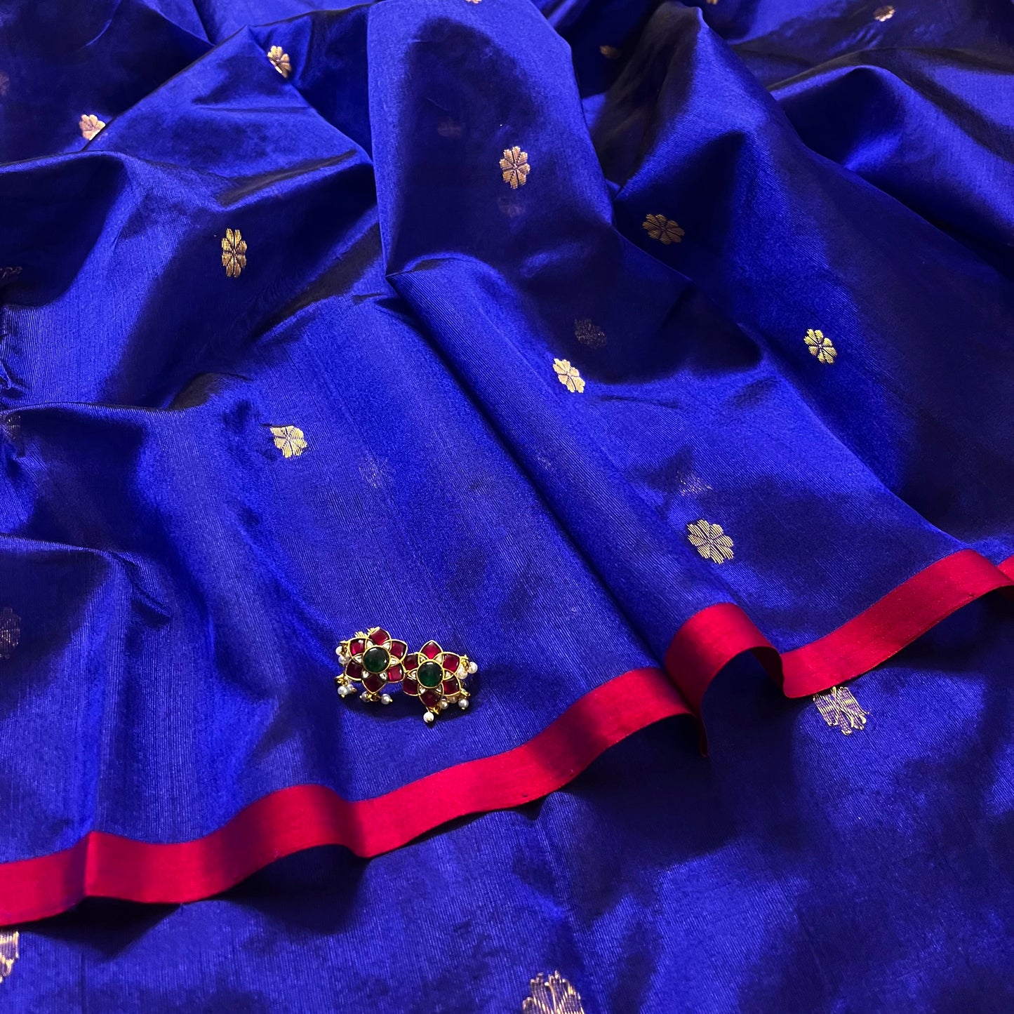 Dark blue Chanderi silk saree with flower bootis all over