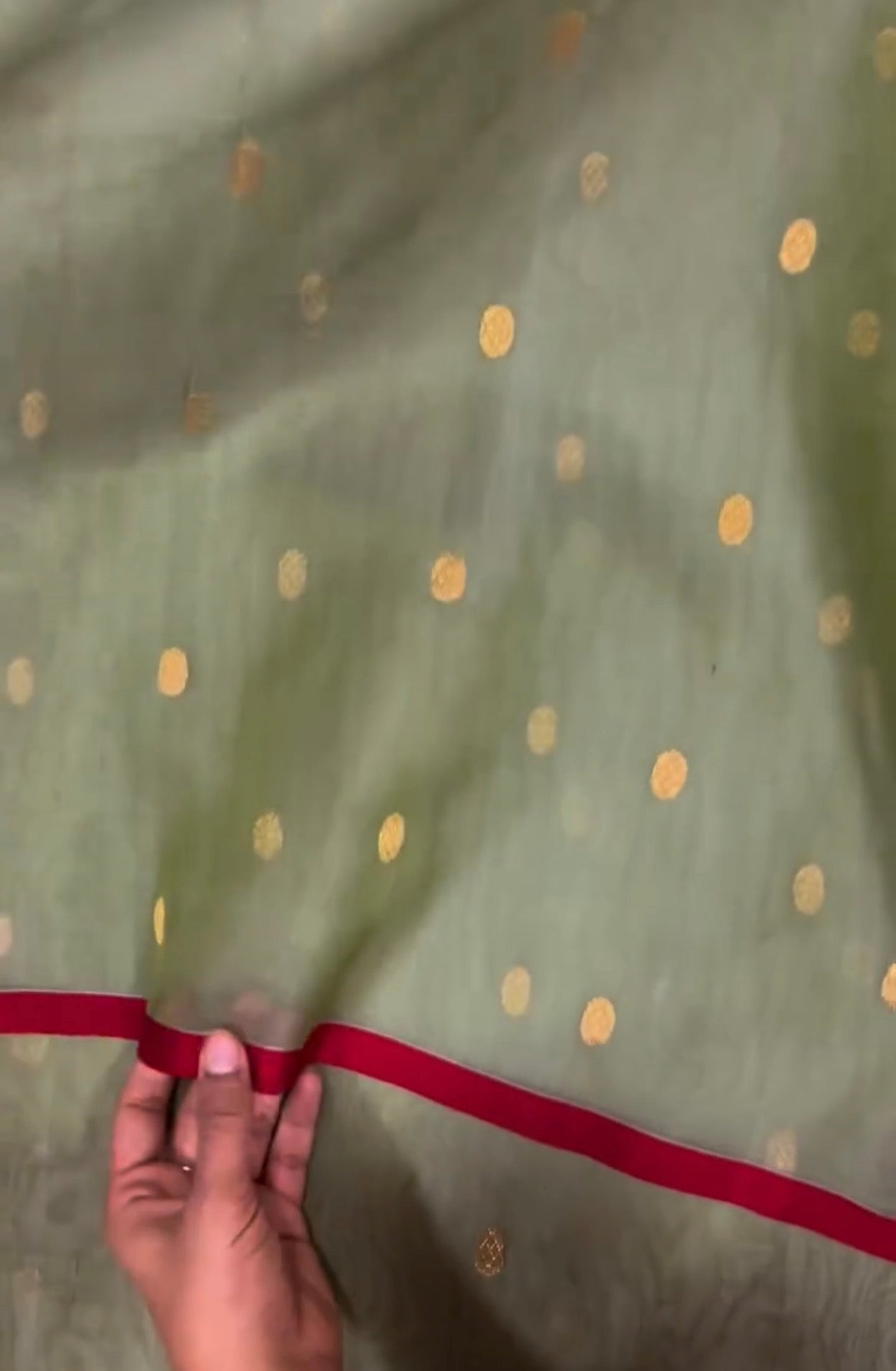 Olive gold & red Chanderi silk saree with zari bootis all over