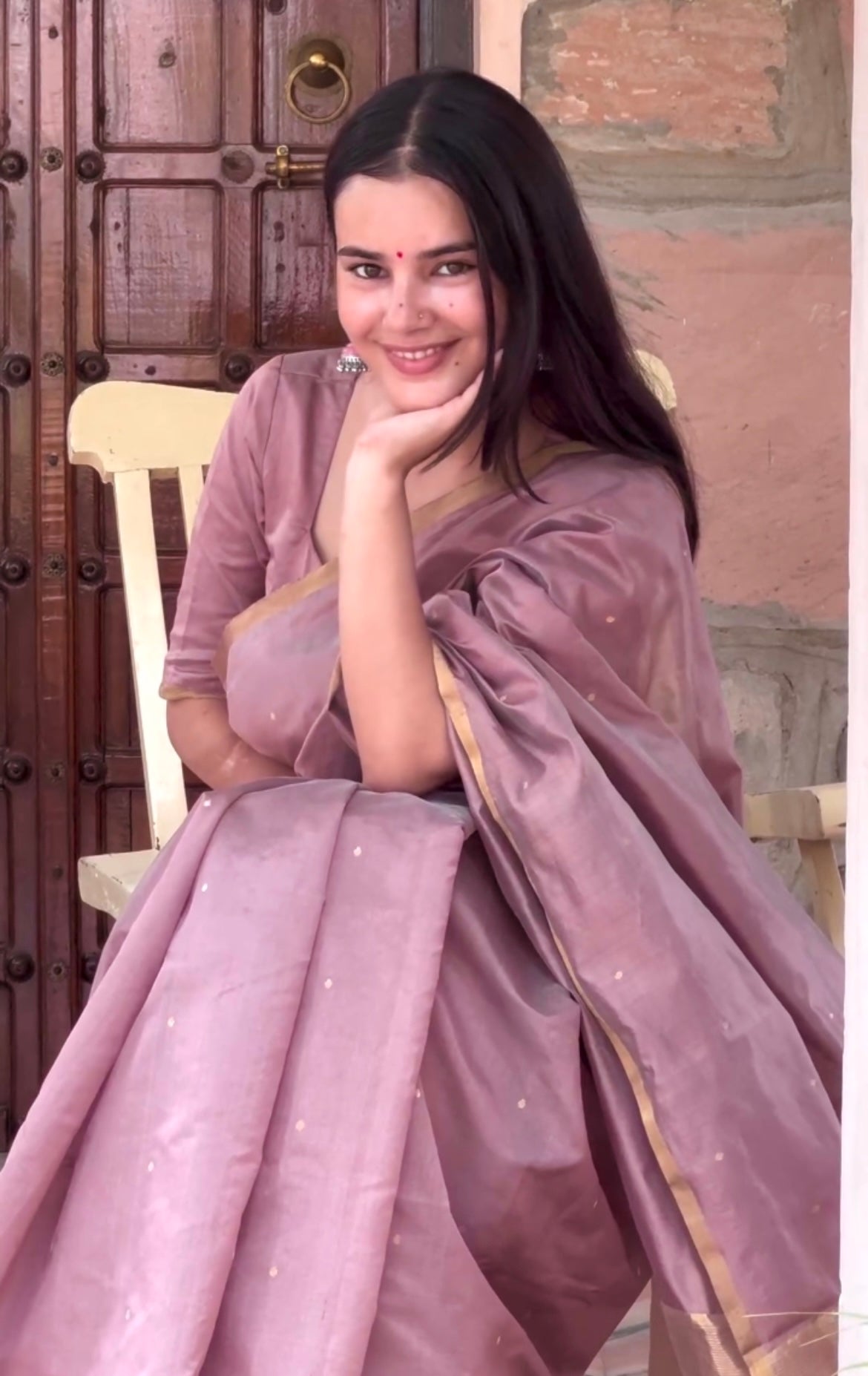 Dusty pink chanderi silk saree with zari bootis all over