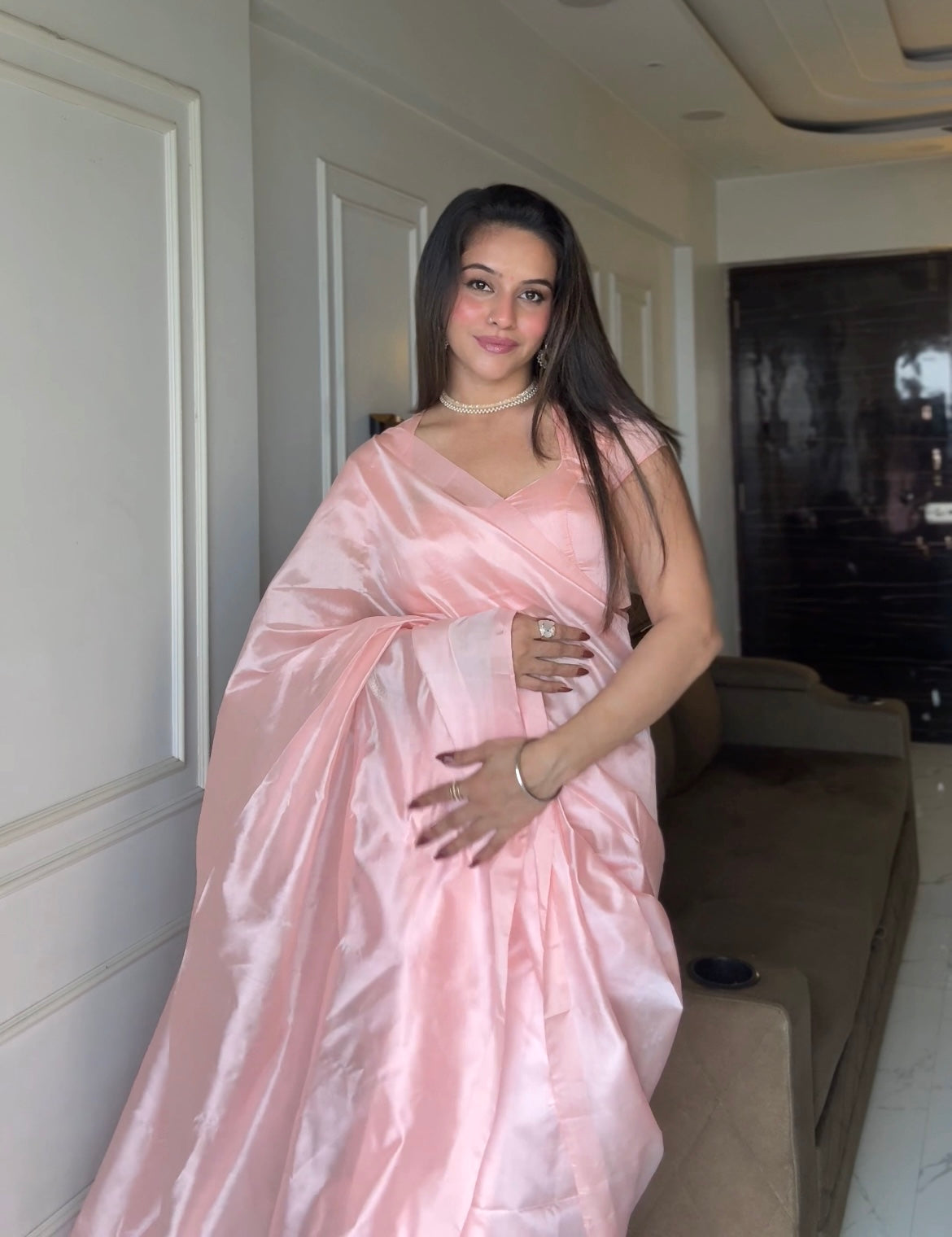 Baby Pink Chanderi silk saree with silk border