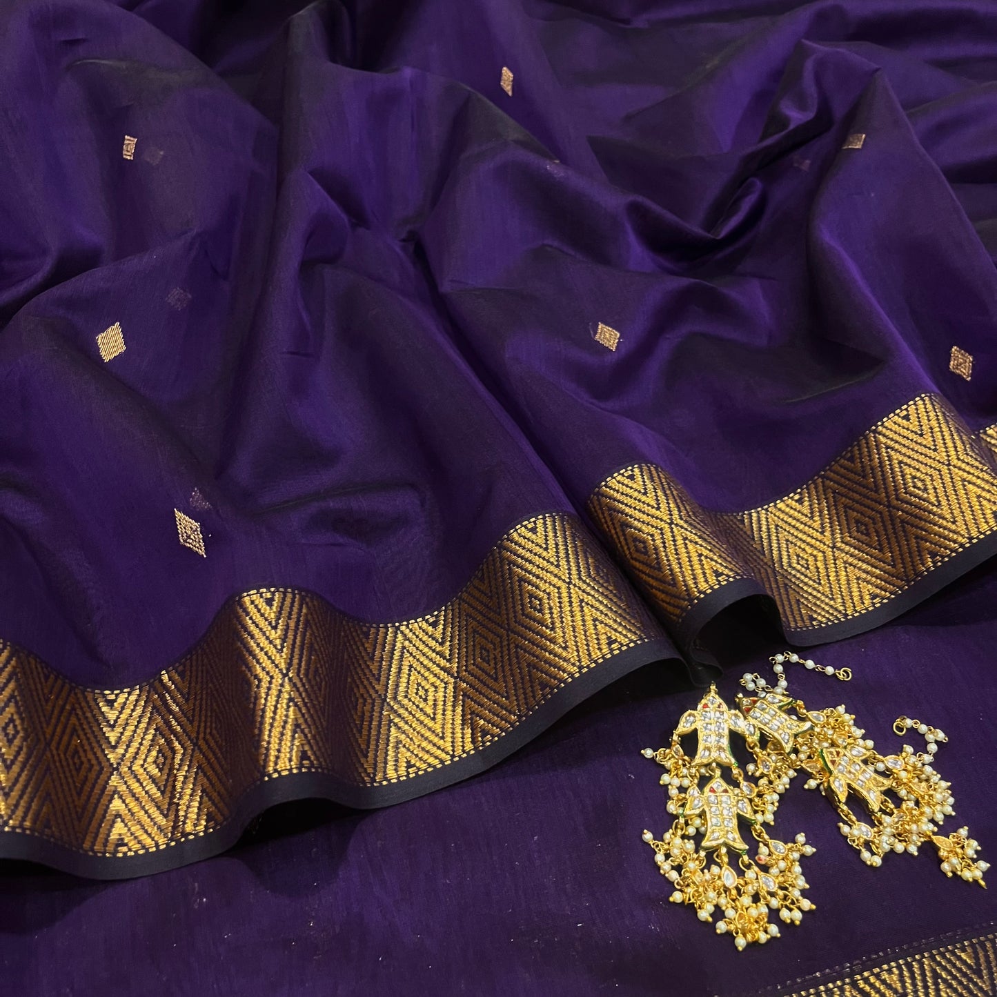 Dark purple Maheshwari saree with diamond bootis all over