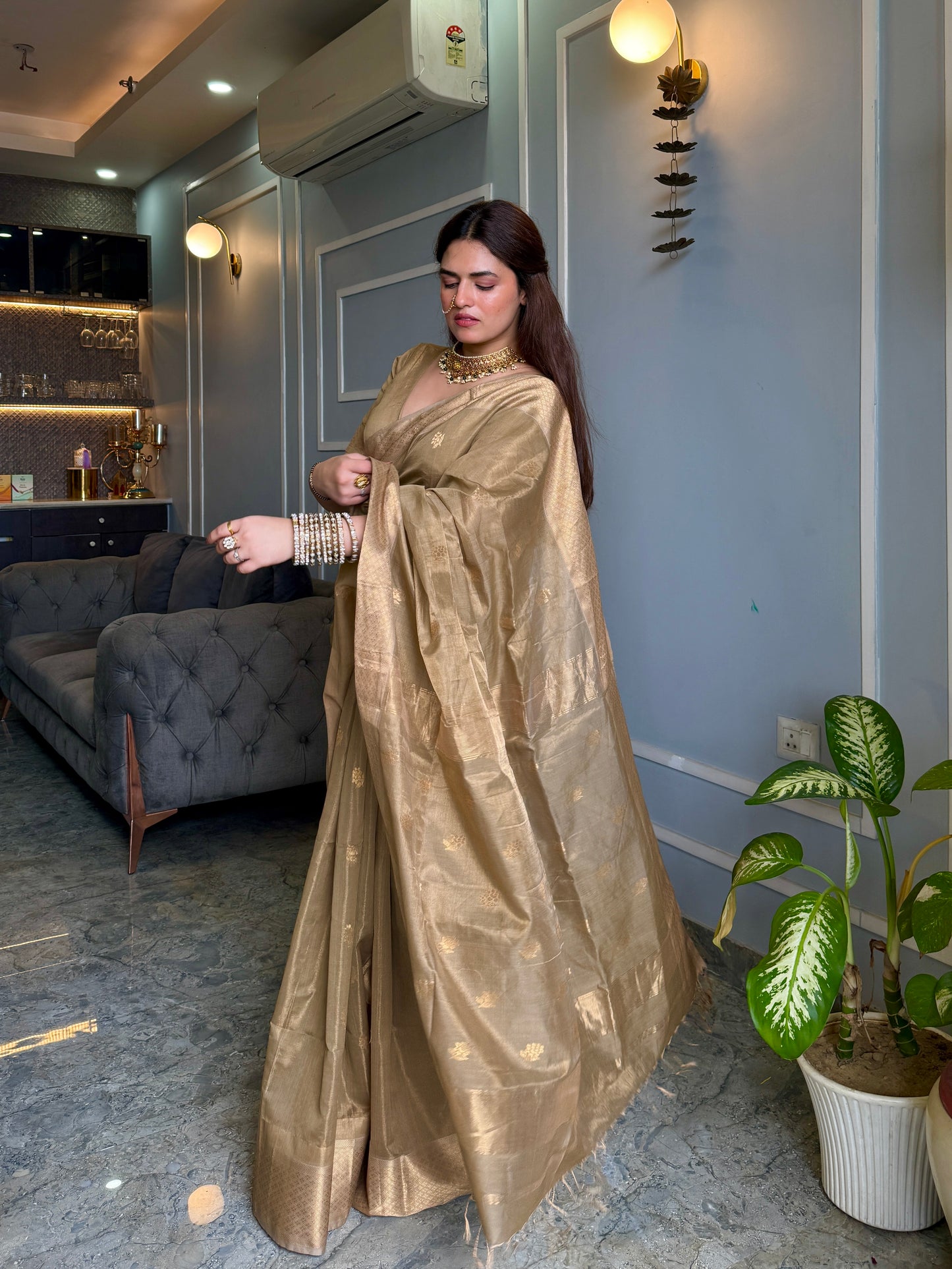 Antique gold maheshwari tissue silk saree with flower motifs all over
