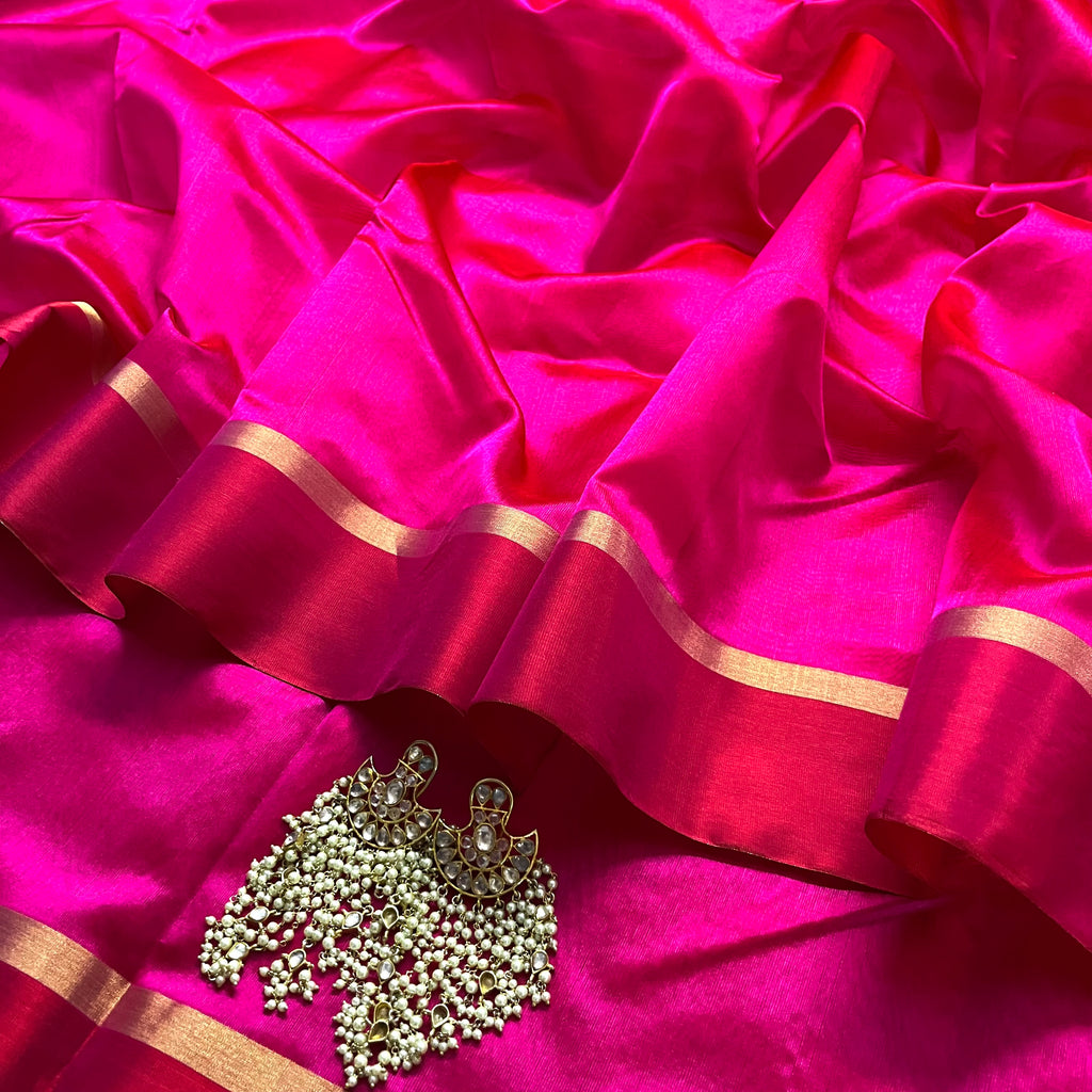 Pink and red Chanderi silk saree with silk border