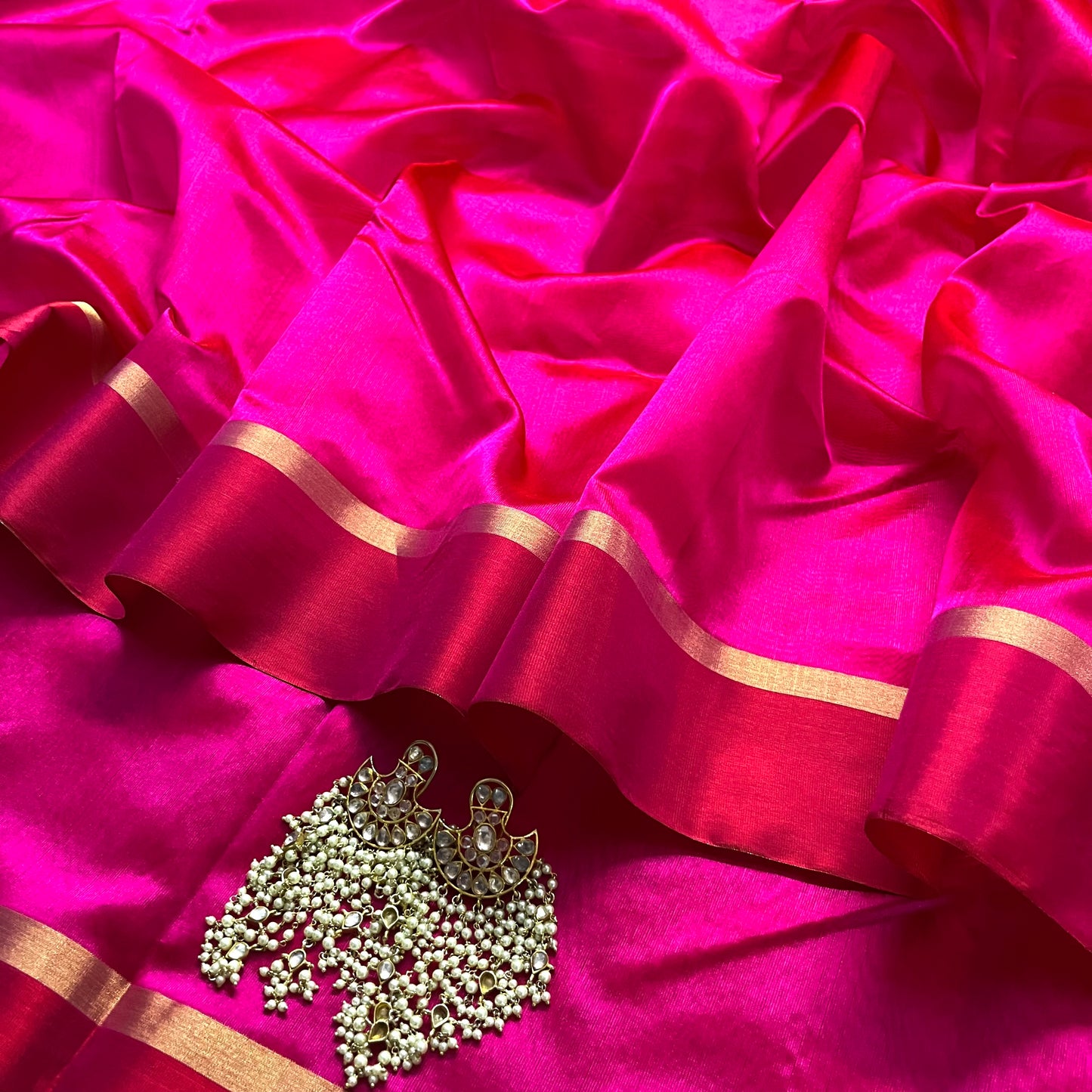 Pink and red Chanderi silk saree with silk border
