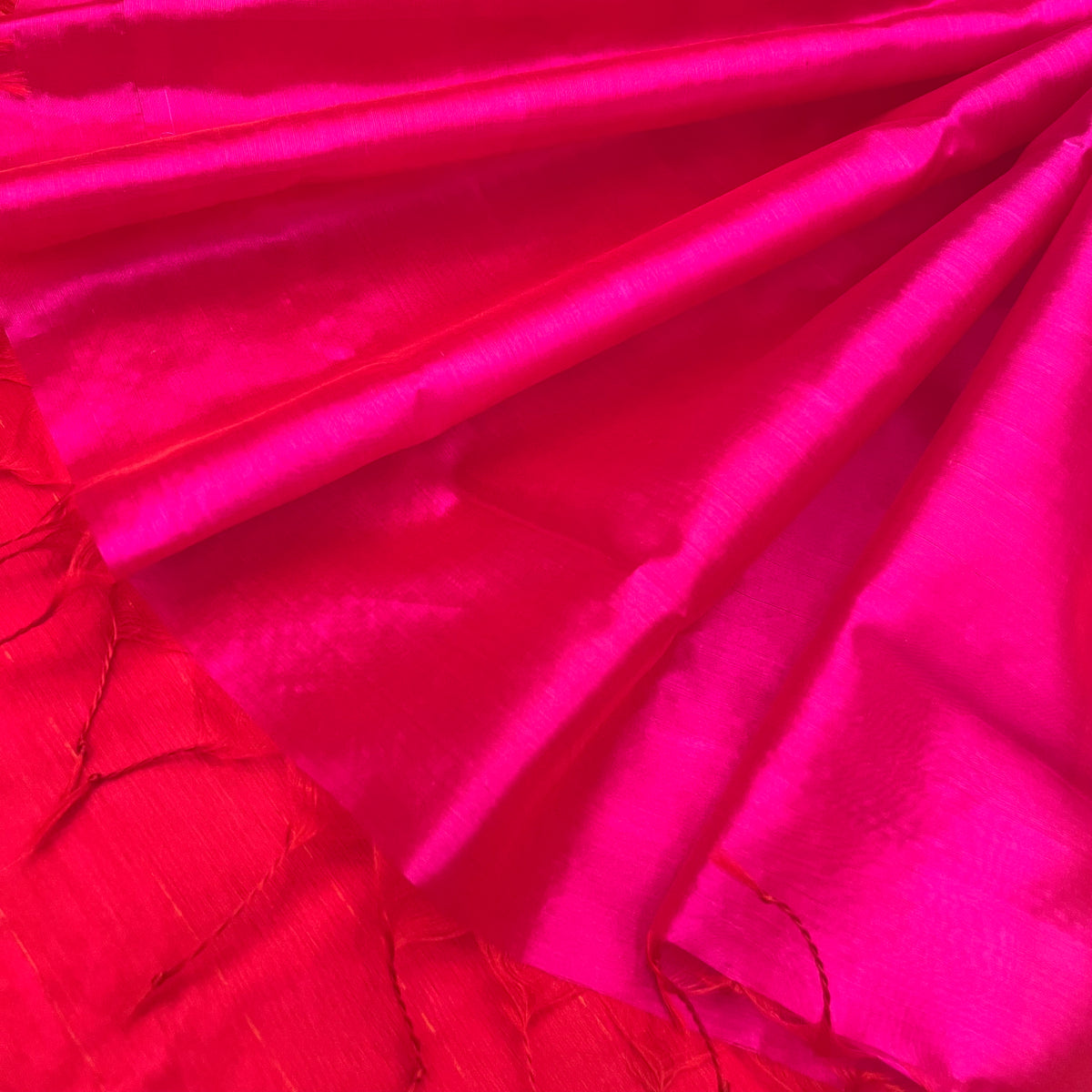 Chili Red and pink Chanderi silk saree with tassels on pallu