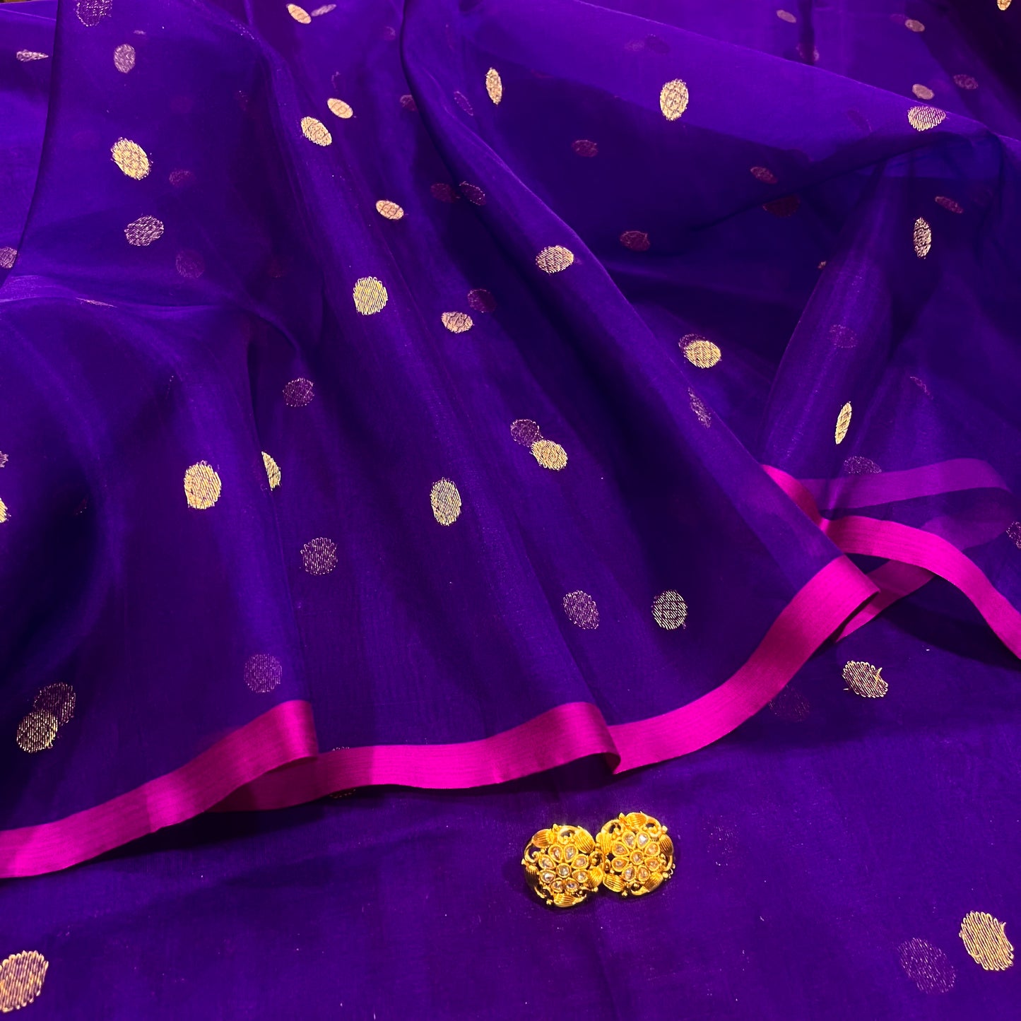 Dark Purple & Pink Chanderi silk saree with zari bootis all over