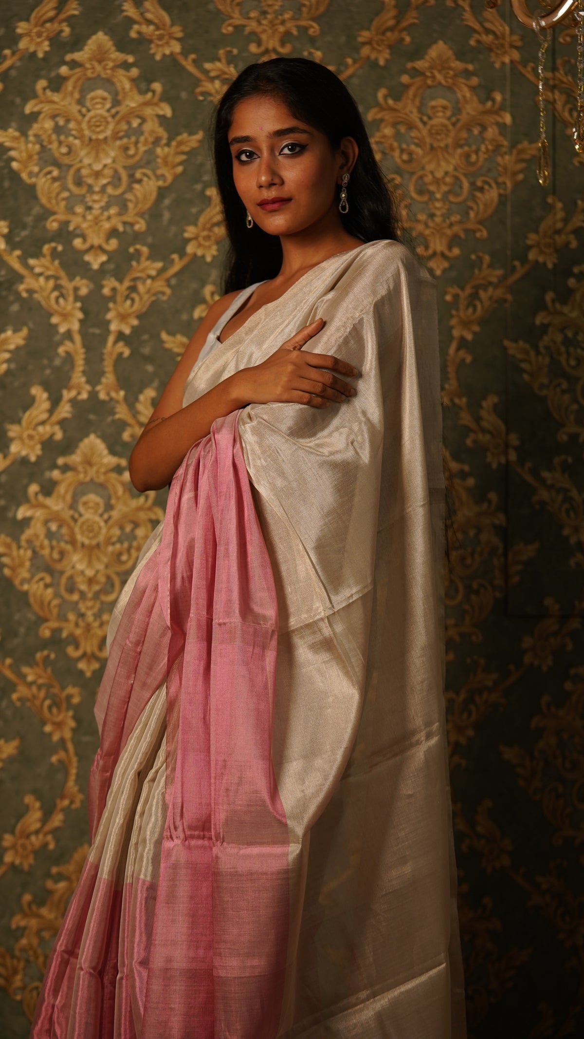 Silver and pink chanderi tissue silk saree