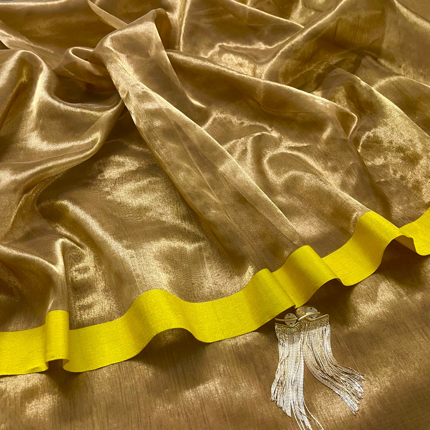 Gold and lemon Chanderi tissue silk with zari lines on pallu