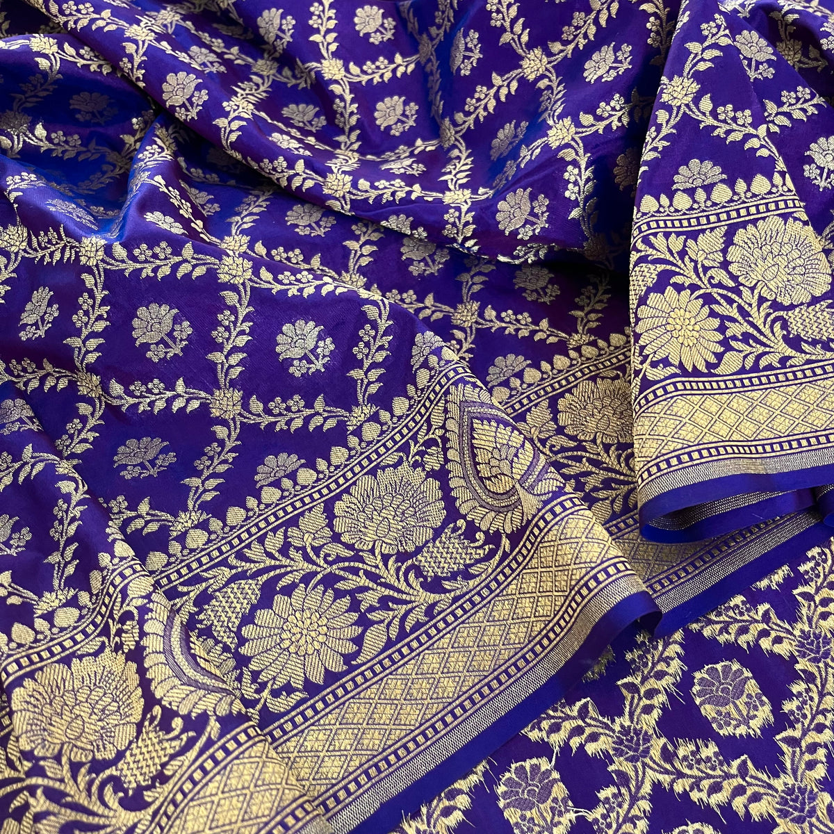 Dark Purple Banarasi Organza Silk Saree with Zari Jaal Work all over