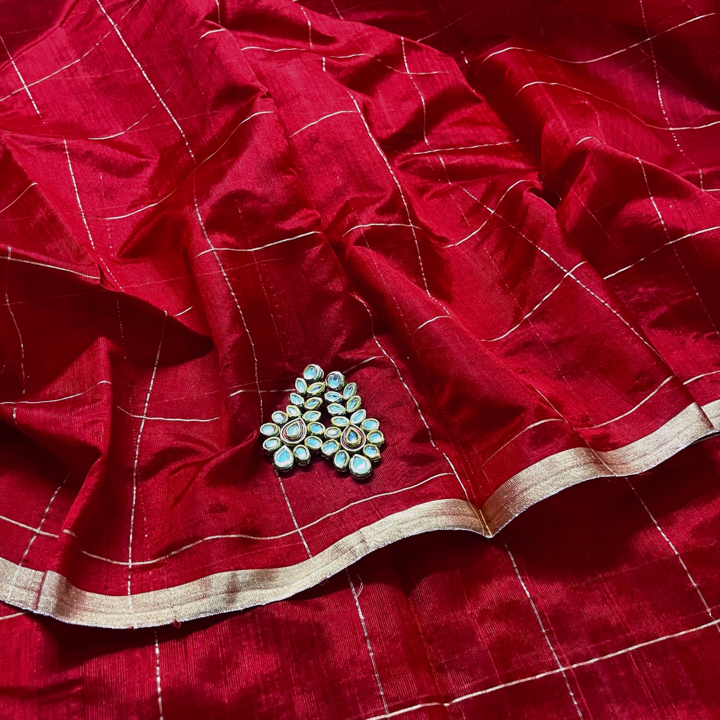 Deep red chanderi silk saree with zari checks all over