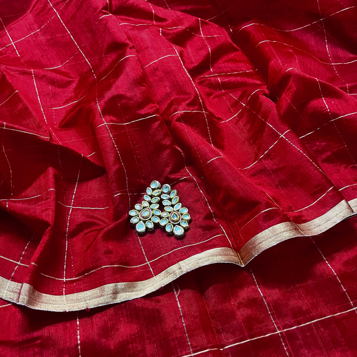 Deep red chanderi silk saree with zari checks all over