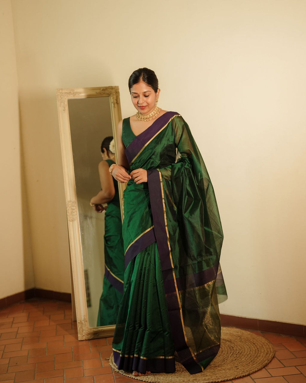 Dark green and blue Chanderi silk saree with silk border