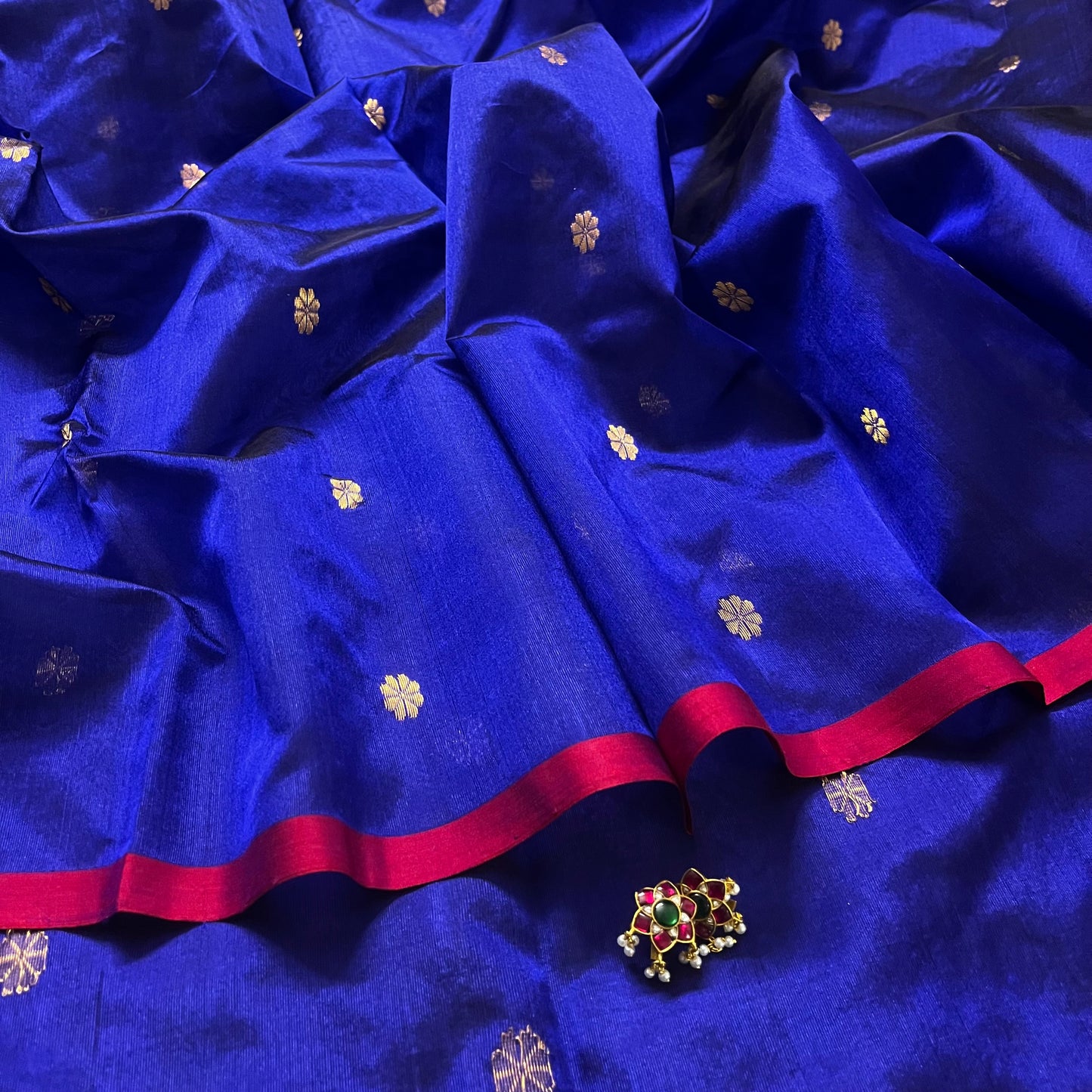 Dark blue Chanderi silk saree with flower bootis all over