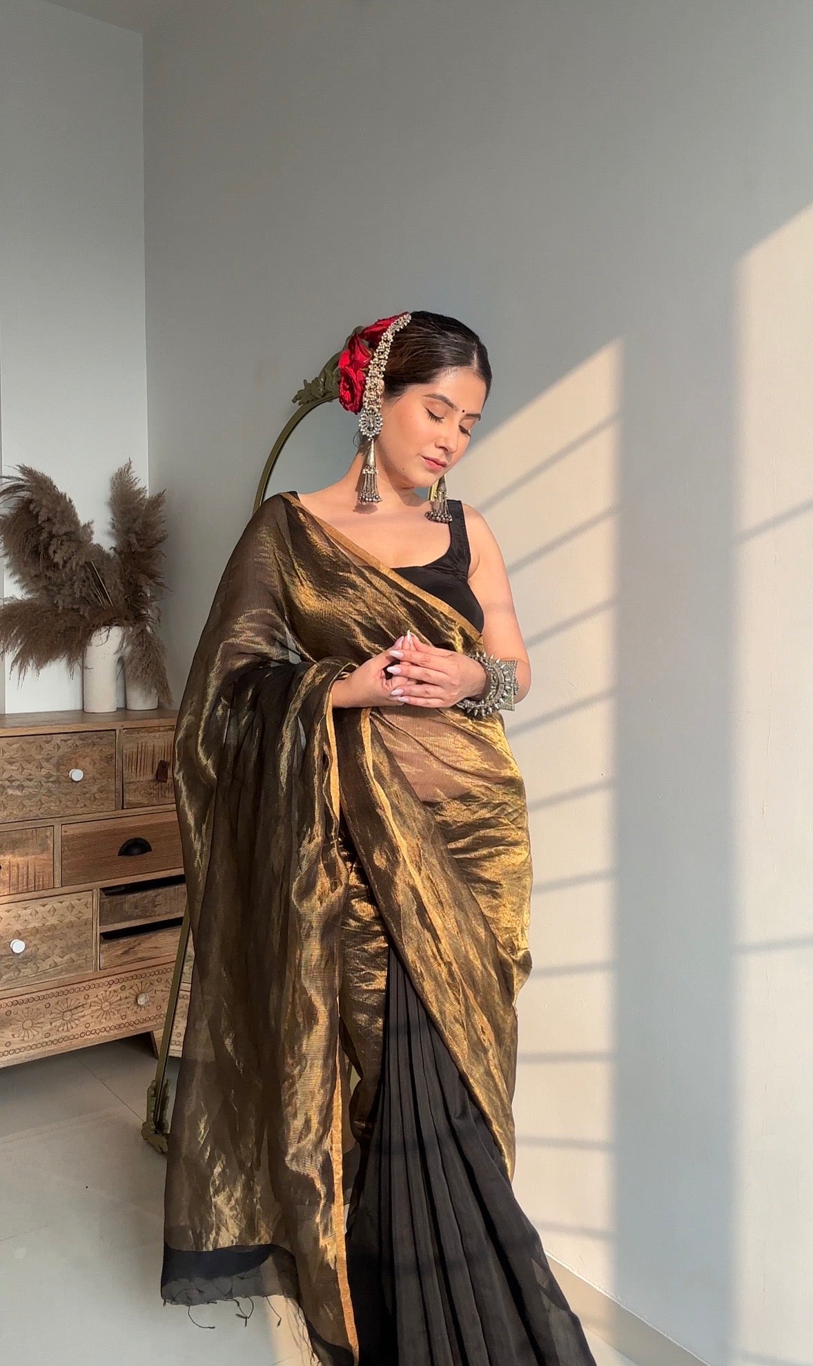 Black & Gold Maheshwari Saree with Zari Border