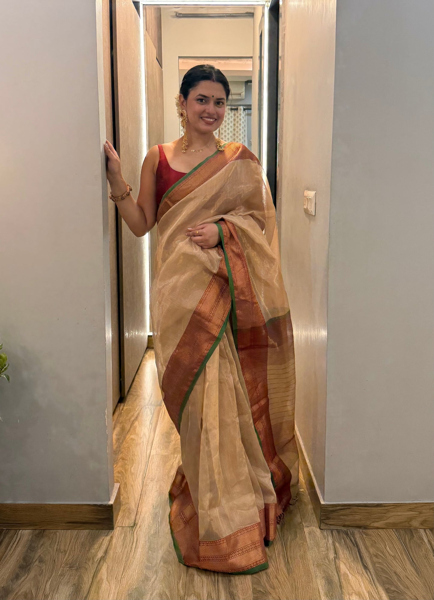 Gold Red & Green Maheshwari tissue saree with zari pattern on pallu