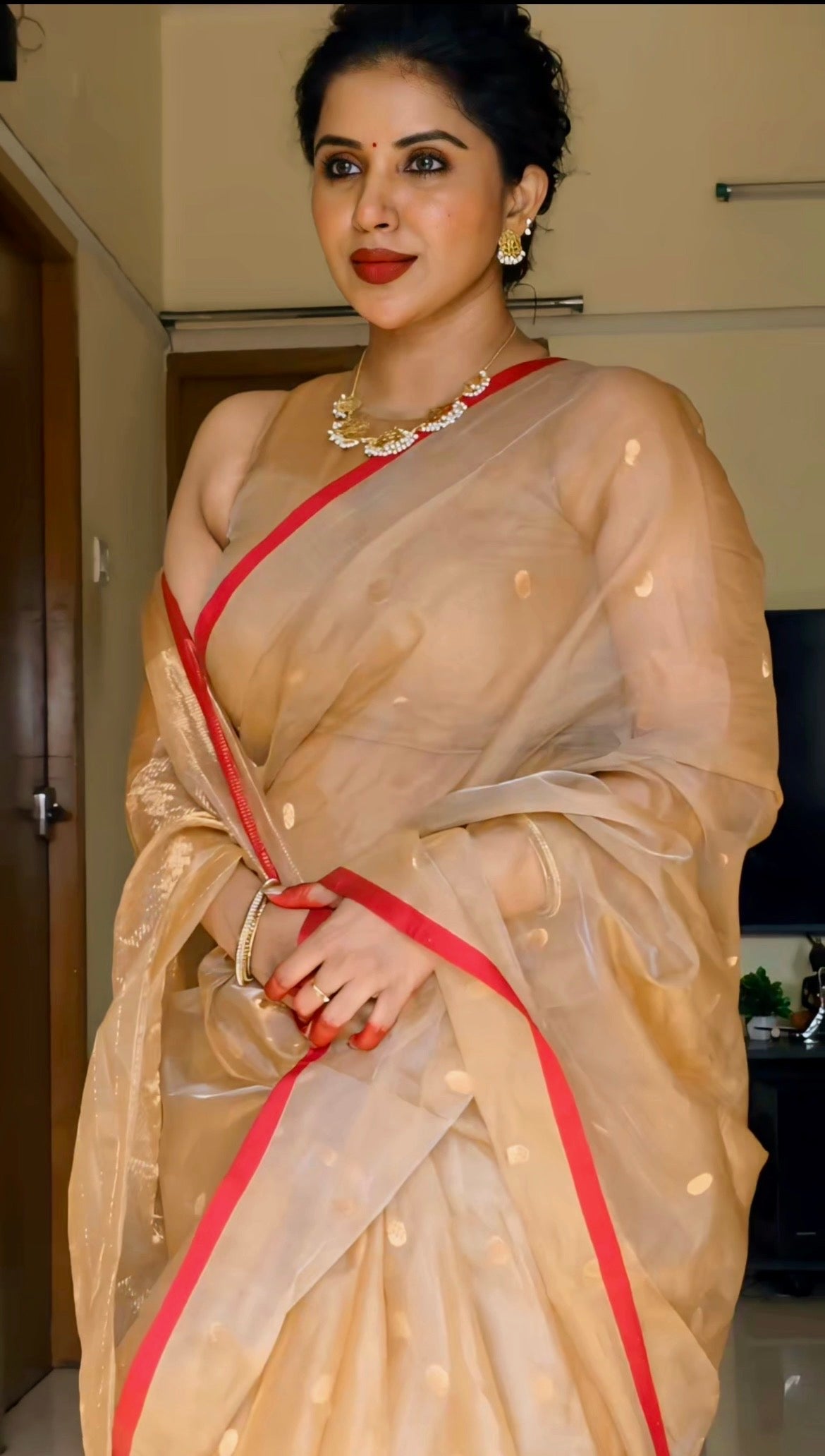 Beige gold and red Chanderi silk saree with zari bootis all over