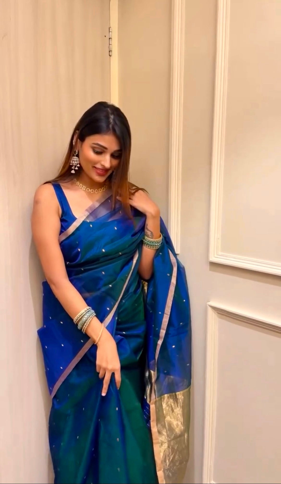 Peacock Blue & Green Dual Tone Chanderi Organza Silk Saree with Zari Bootis all over