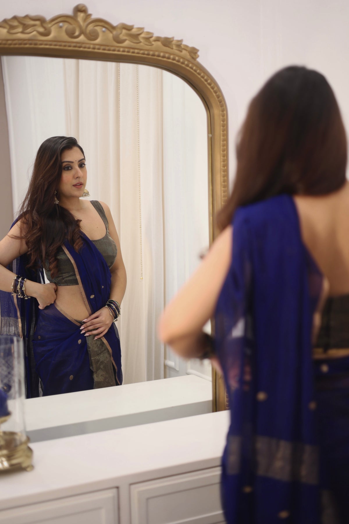 Ready to wear | Dark Blue Maheshwari Saree with Zari Bootis & Zari Lines