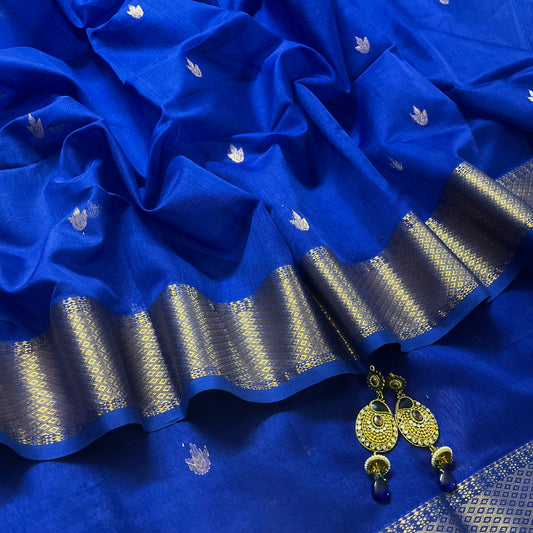Cobalt blue Maheshwari saree with flower bootis all over