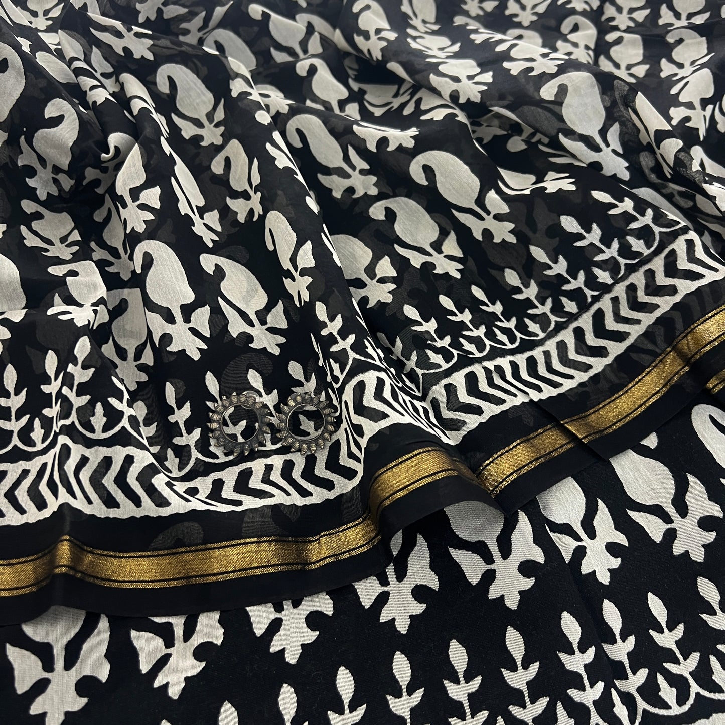 Black and white block print Chanderi saree