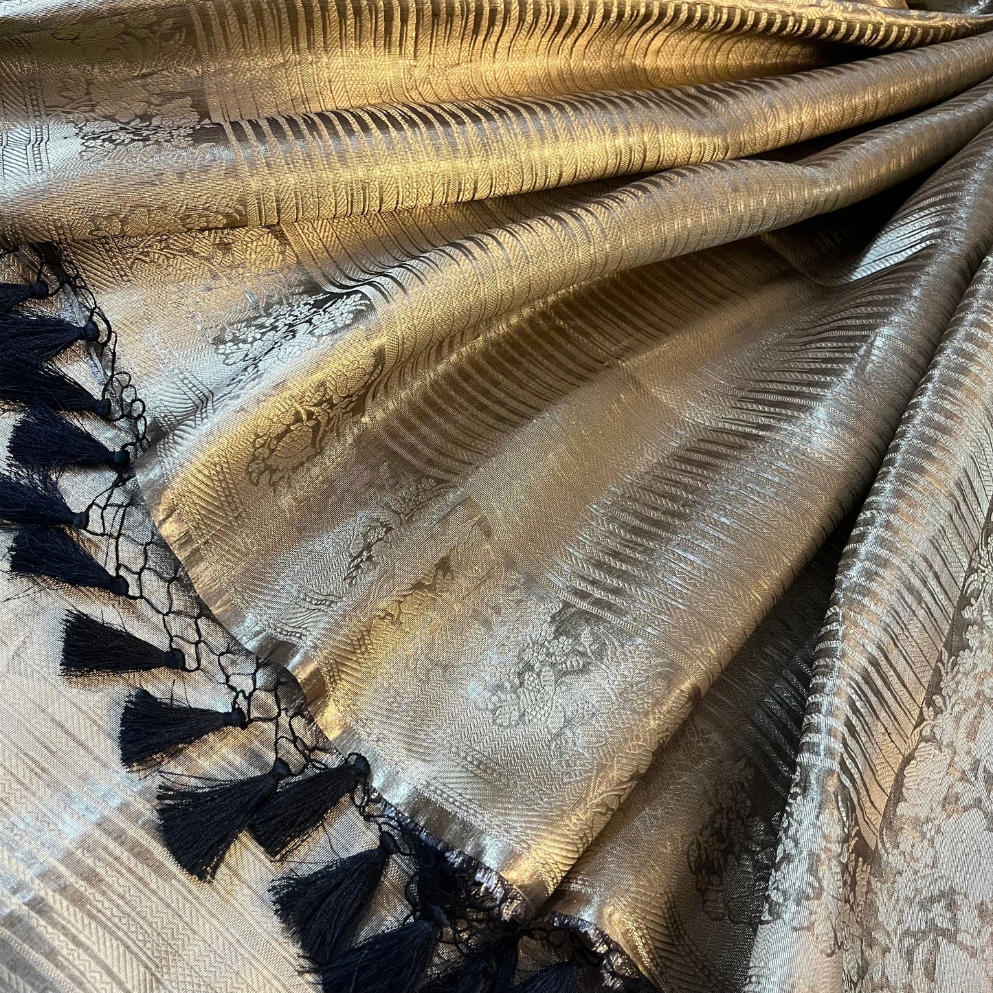 Antique gold Banarasi brocade silk saree with zari pattern all over