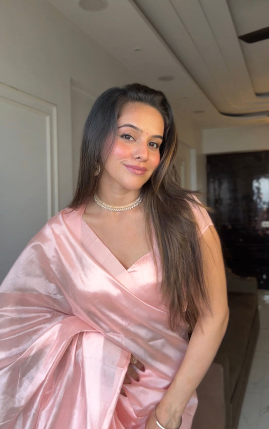 Baby Pink Chanderi silk saree with silk border