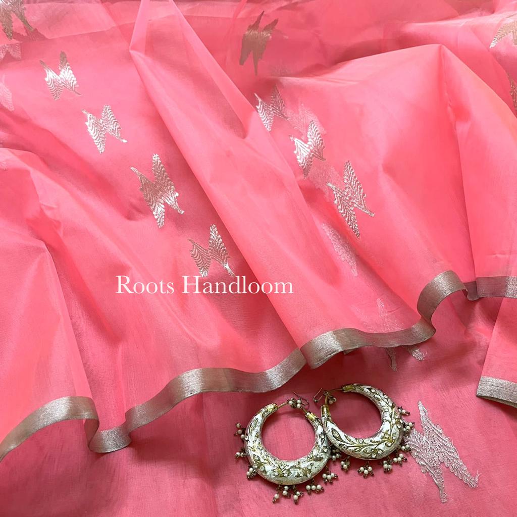 Peachish pink Chanderi organza silk with feather motifs all over