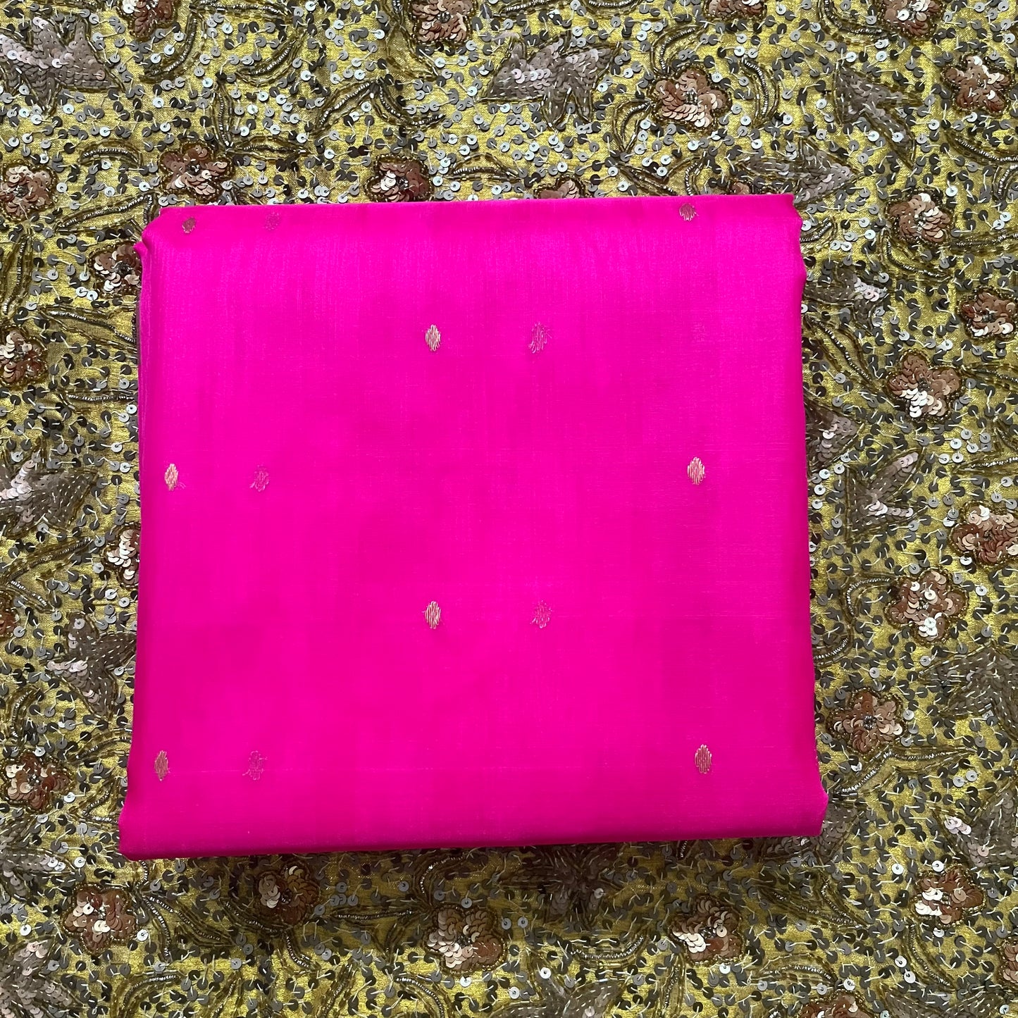 Fuschia pink Chanderi silk saree with zari bootis all over