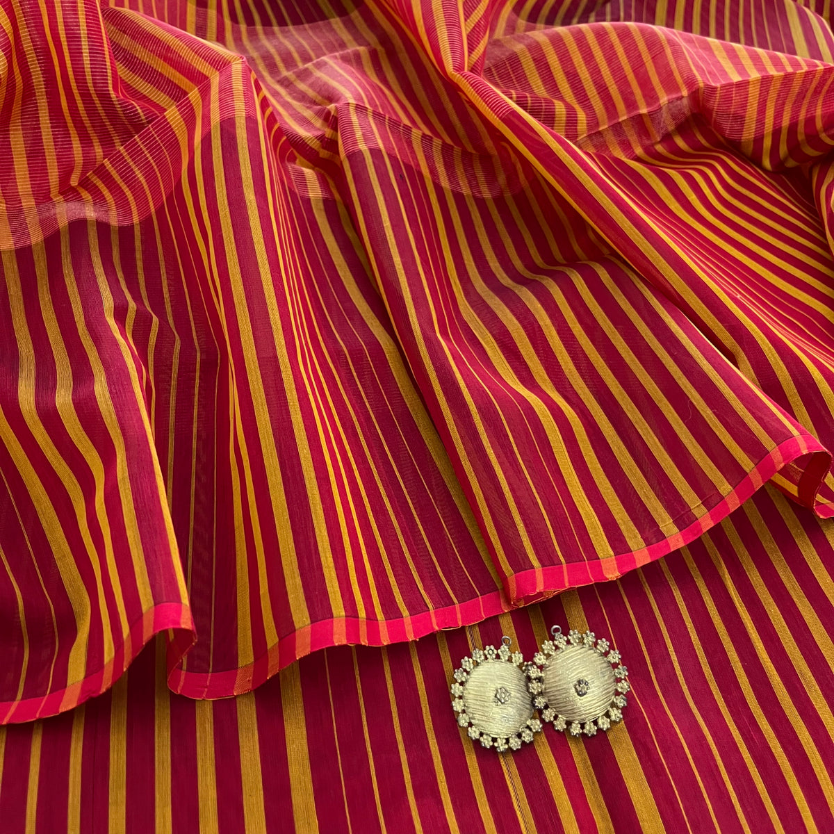 Red & Mustard Striped Maheshwari Saree