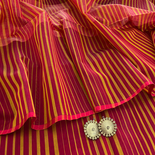 Red and Mustard striped Maheshwari saree